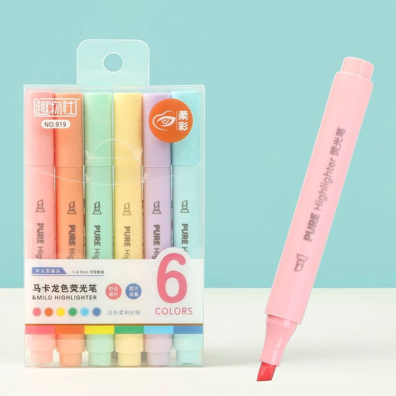 Pastel Highlighter Set Double Ended - 6개/세트 파스텔 색상 마카롱 형광펜, 귀여운